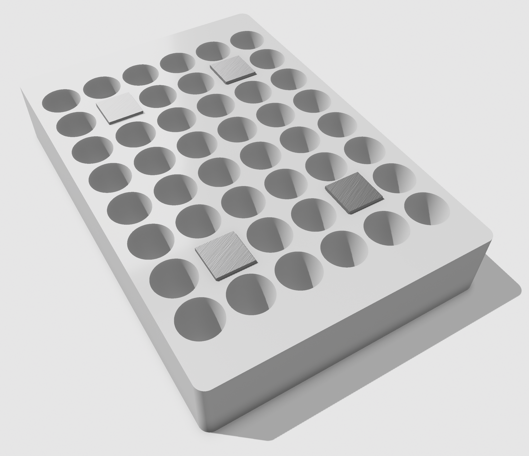 3D rendering of a 48-well plate with four square magnets positioned around the wells